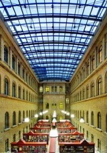 Budapest, "Eötvös Loránd" University of Sciences - reconstruction of "Trefort-garden" -   Central library, glass roof covered inner<br>  courtyard